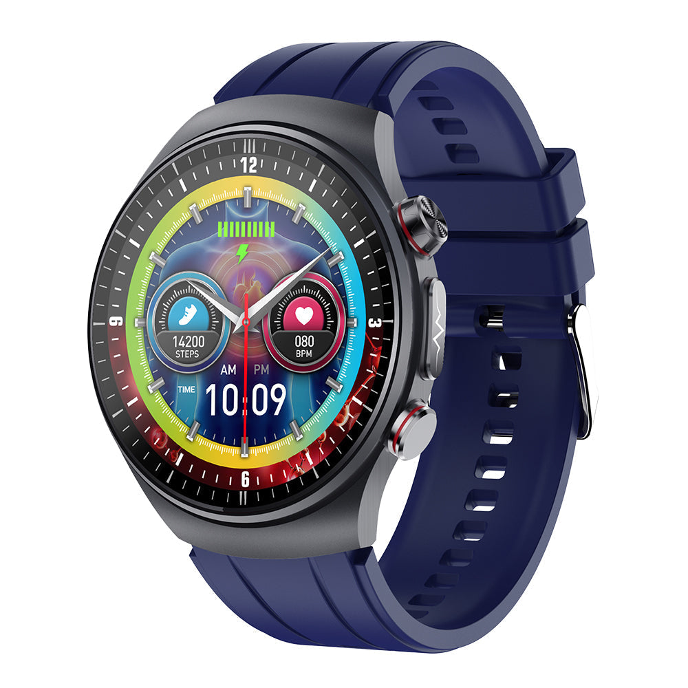 Fitlybuy Kexi-Life Pro 10 smartwatch with blue silicone strap, circular display showing health metrics and time.