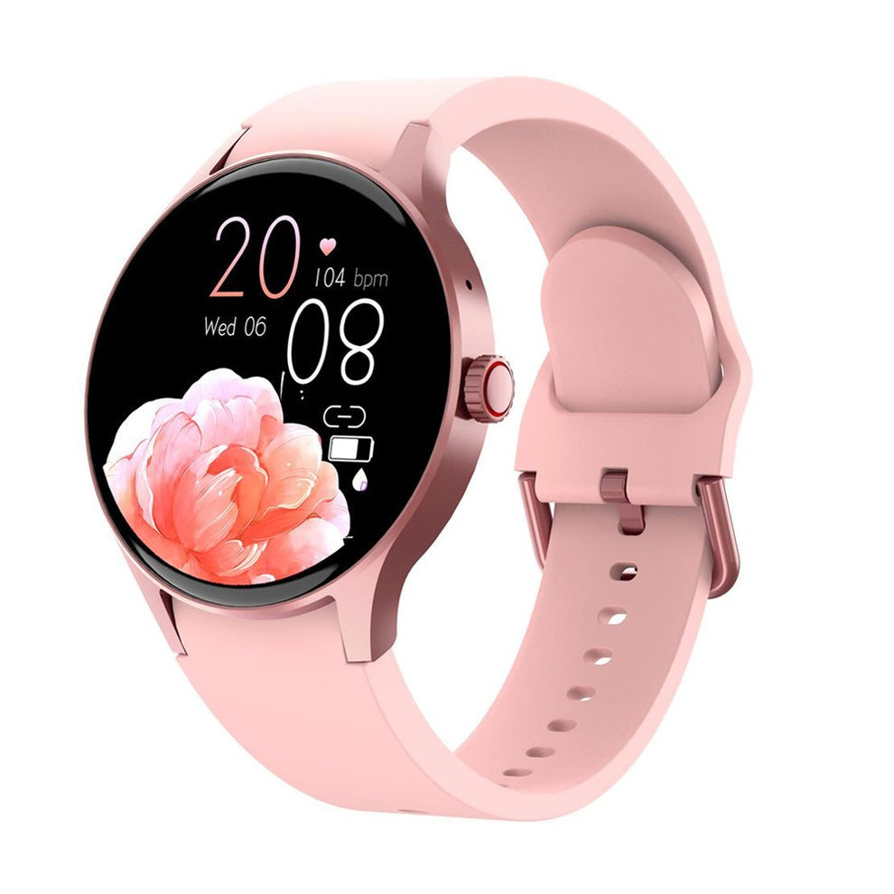 Pink Fitlybuy Kexi-Life Watch 3 Pro smartwatch with a round screen showing time, heart rate, and floral wallpaper.