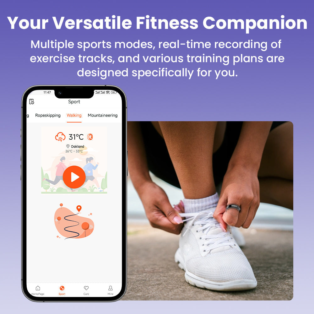 Black Kexi-Life R08 smart ring on a person tying a shoe, with a phone app showing sports tracking and health data.
