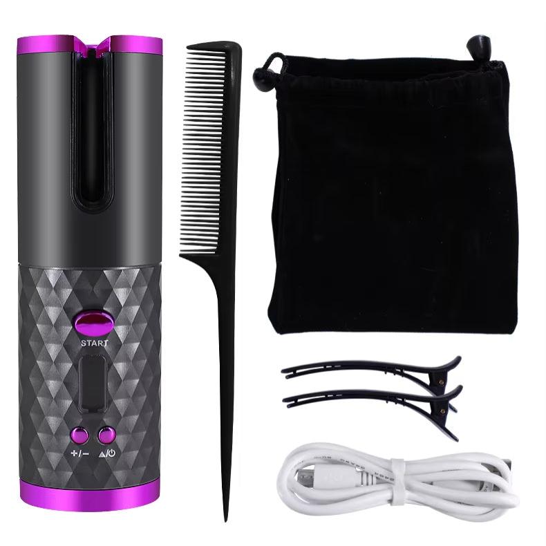 Fitlybuy Amara wireless automatic curling iron in black/purple, with styling comb, two hair clips, bag, and USB cable.
