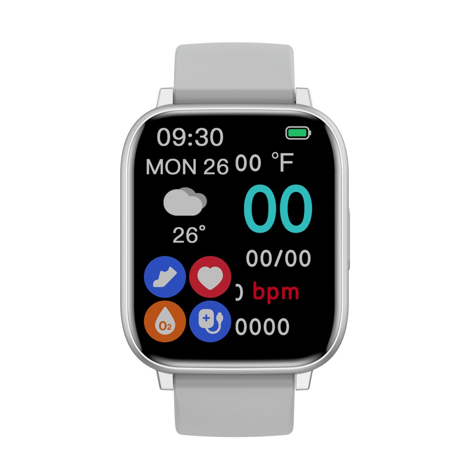 Fitlybuy Kexi-Life smartwatch with silver case, grey silicone strap, and health monitoring display icons.