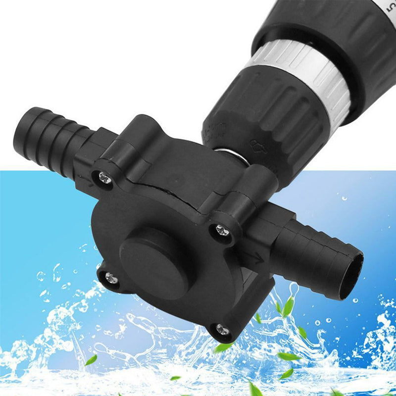 Fitlybuy black battery-free drill-powered self-priming transfer pump against a water-splashing background.