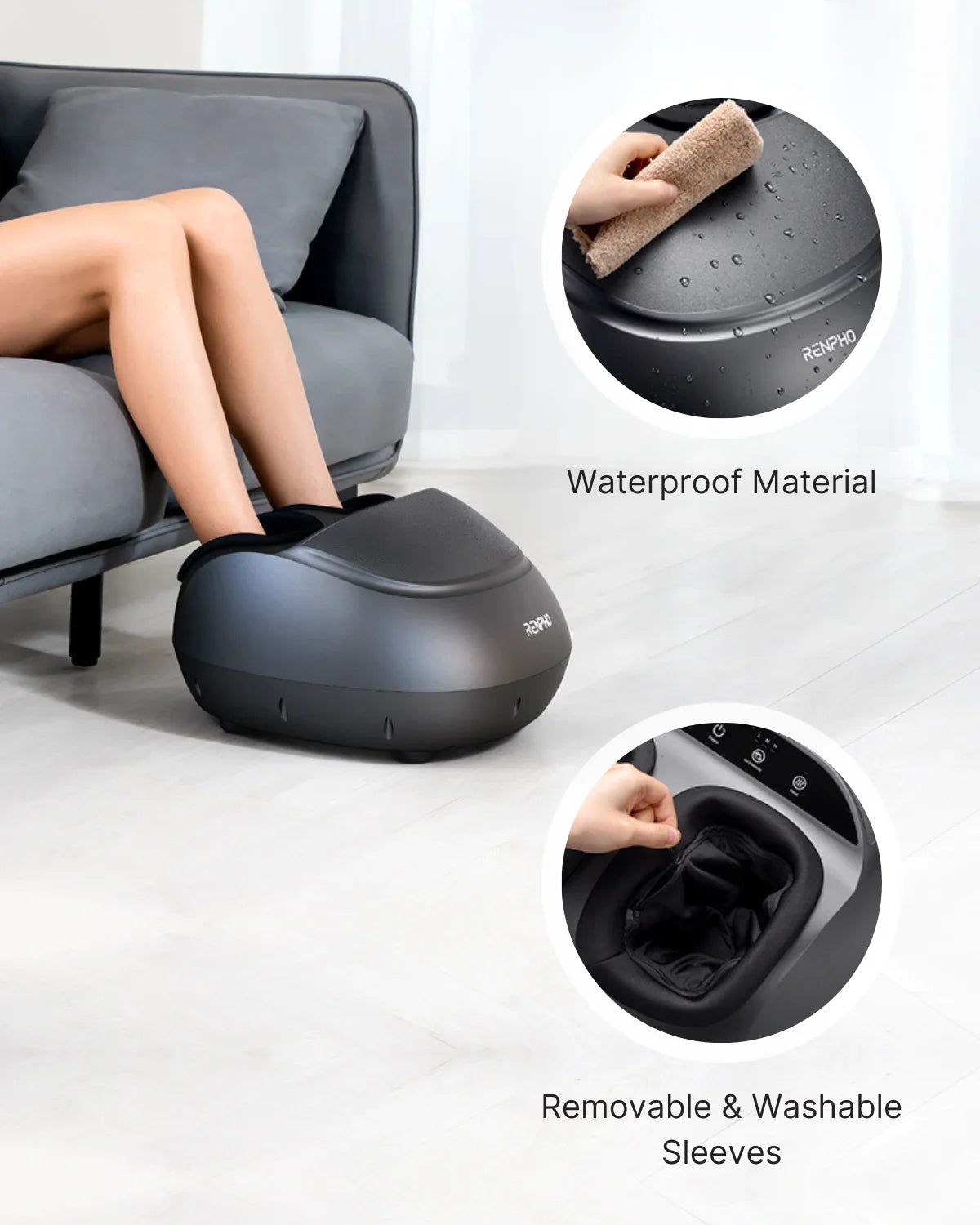 Black Fitlybuy Shiatsu foot massager with waterproof surface and washable sleeves, used by a person on a grey sofa.