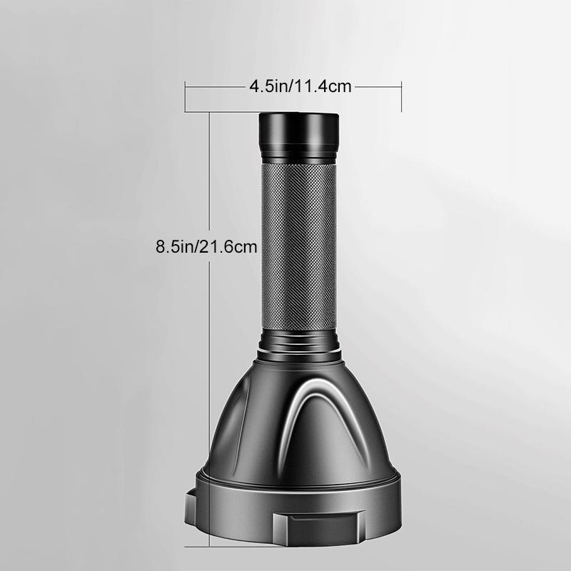 Black Fitlybuy LED flashlight with textured grip, 8.5in height and 4.5in head diameter, shown with size dimensions.