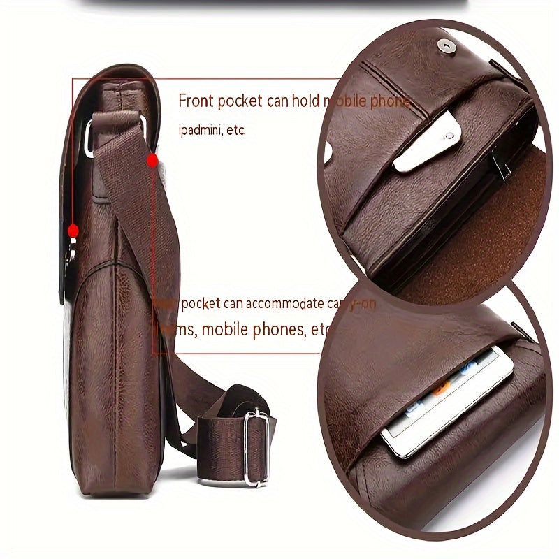 Fitlybuy vintage brown PU leather shoulder bag with an adjustable strap, featuring multiple pockets for tech storage.