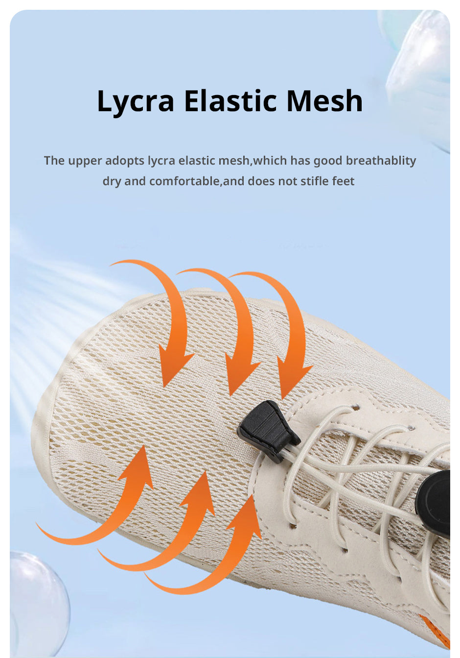 Fitlybuy AquaStep beige, quick-dry barefoot shoe featuring breathable Lycra elastic mesh and a secure toggle lace system.
