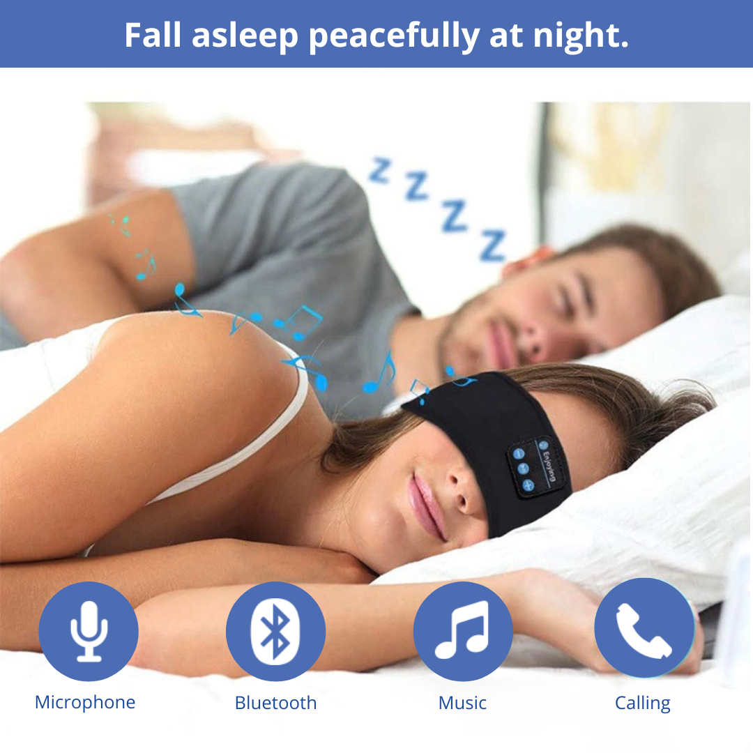 Person sleeping in a black Bluetooth sleep headphone headband with music and calling icons below.