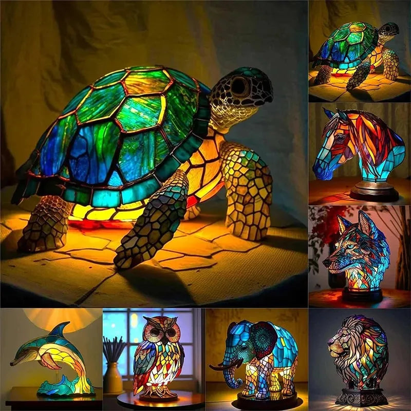 Collage of Fitlybuy handmade, multi-colored stained glass animal lamps, including turtle, horse, owl, and lion designs.