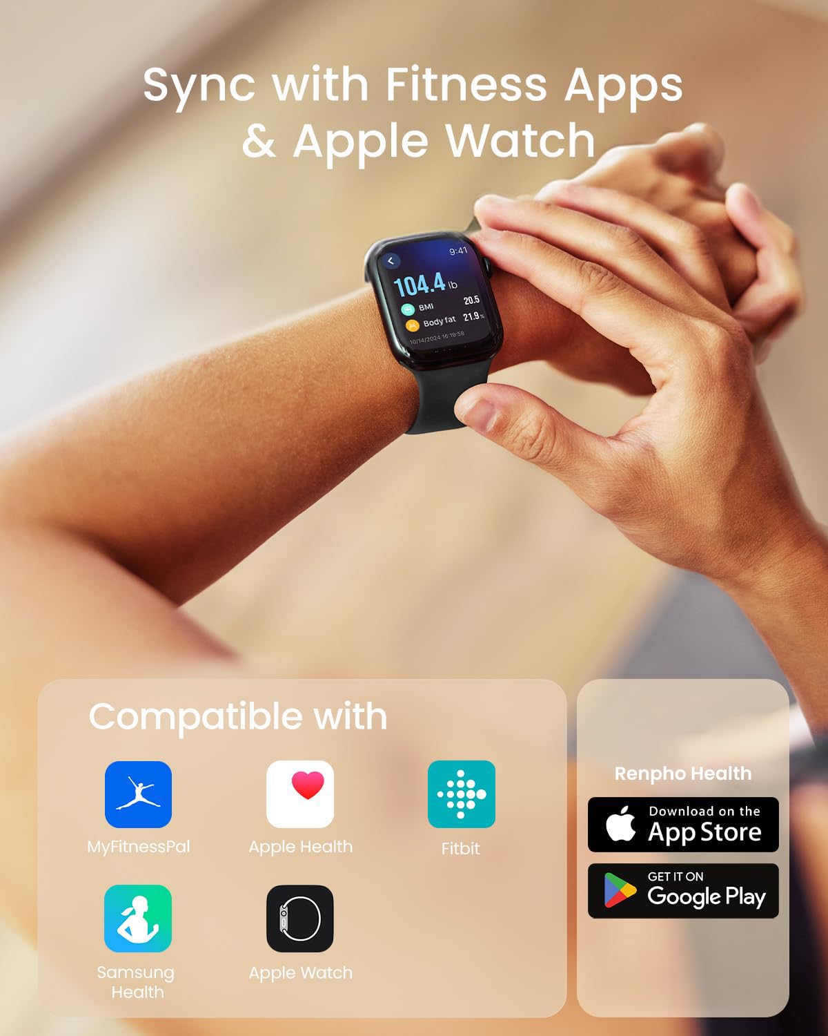 Fitlybuy Elis Nova Smart Scale displaying weight, BMI, and body fat metrics synced to an Apple Watch and fitness apps.