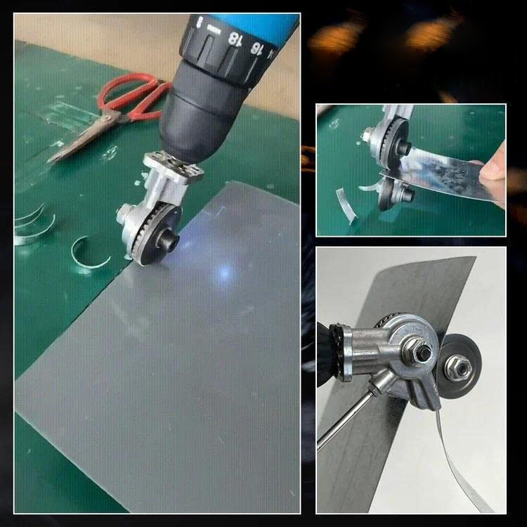 Fitlybuy silver electric drill attachment cutting metal sheet with precision dual-cutter blades.