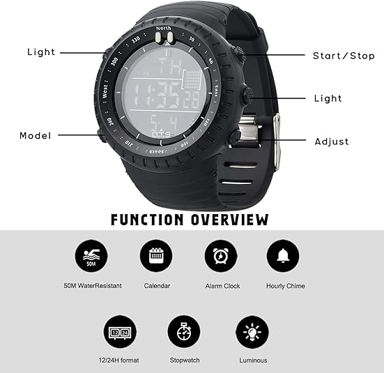 Black Fitlybuy Henry digital sports watch with tactical, shockproof design, labeled buttons, and function icons.