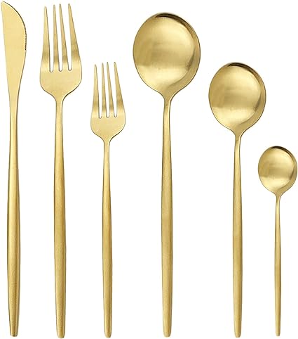 Fitlybuy Torin 36-piece stainless steel cutlery set with a minimalist design and elegant matte gold finish.