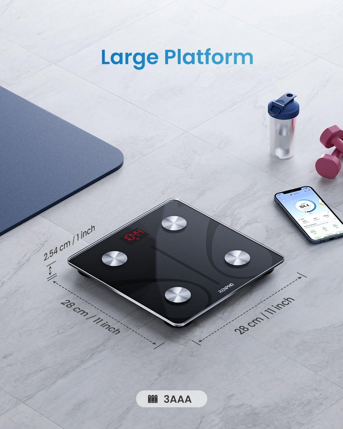Fitlybuy Elis 1 smart scale: black glass platform, 4 silver sensors, digital display, shown with smartphone and fitness gear.