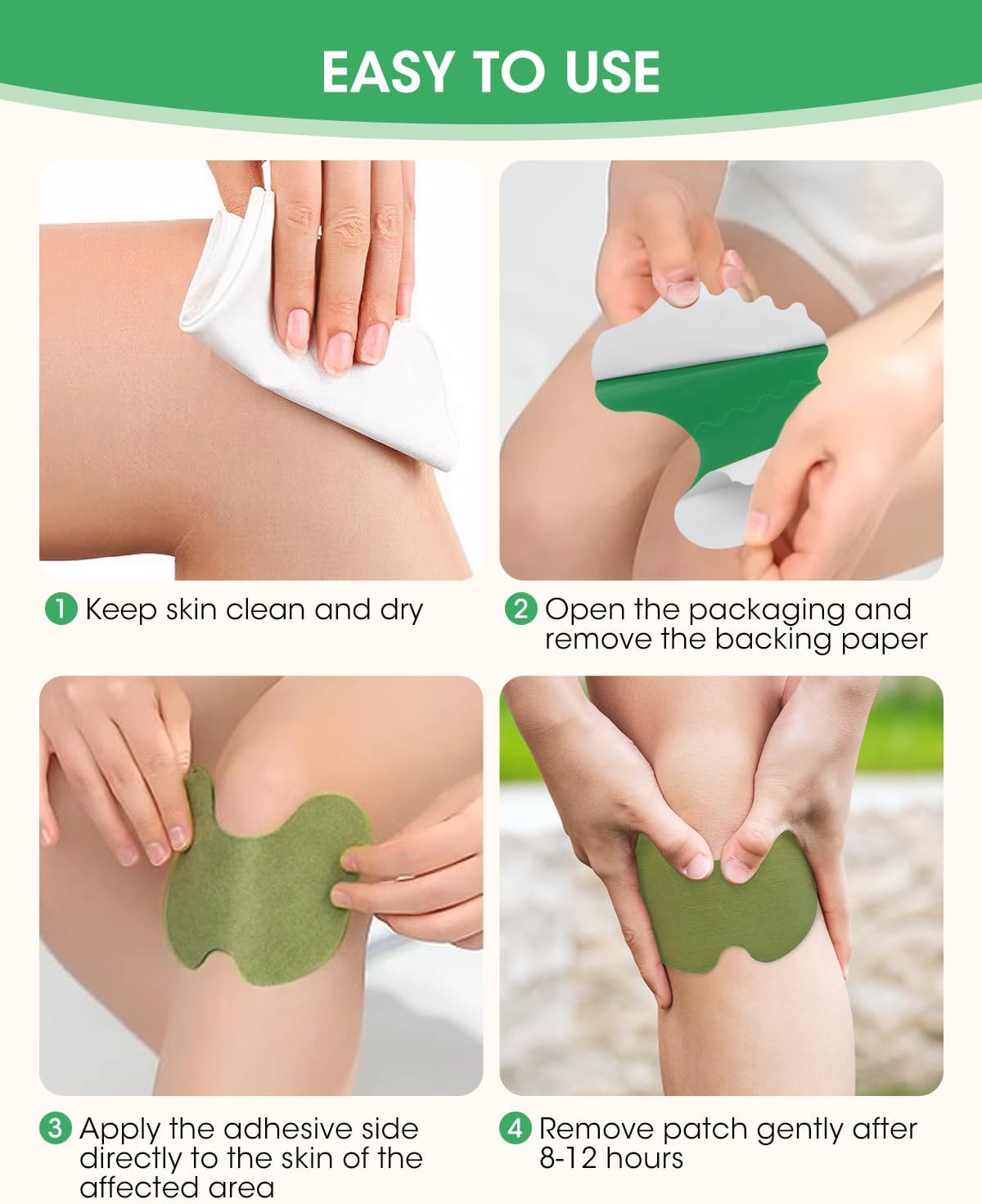 A four-step guide on applying Fitlybuy green herbal knee pain relief patches to skin.