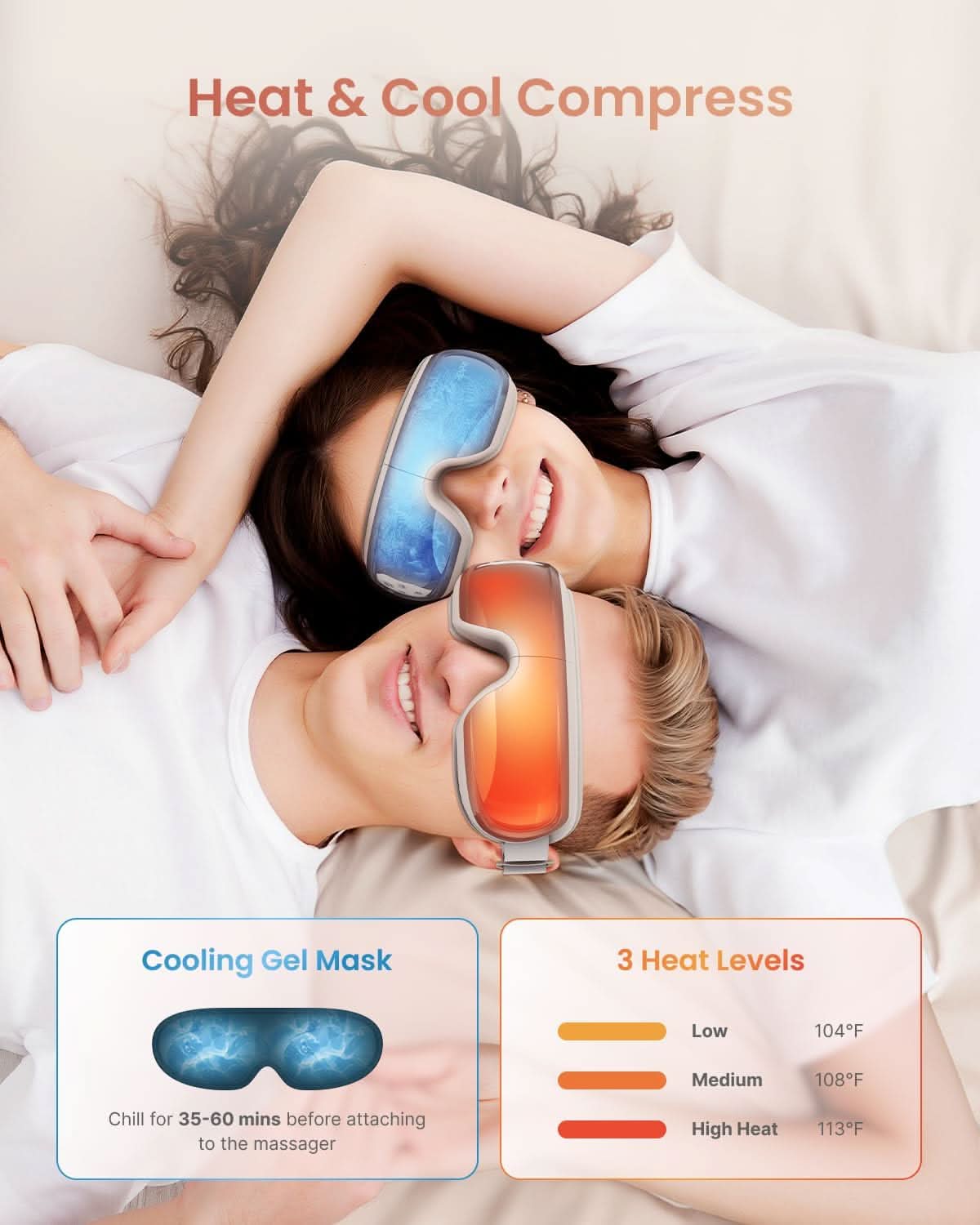 Fitlybuy Eyeris 3 Rosé eye massager showing heat and cooling therapy, worn by a couple with feature overlays.
