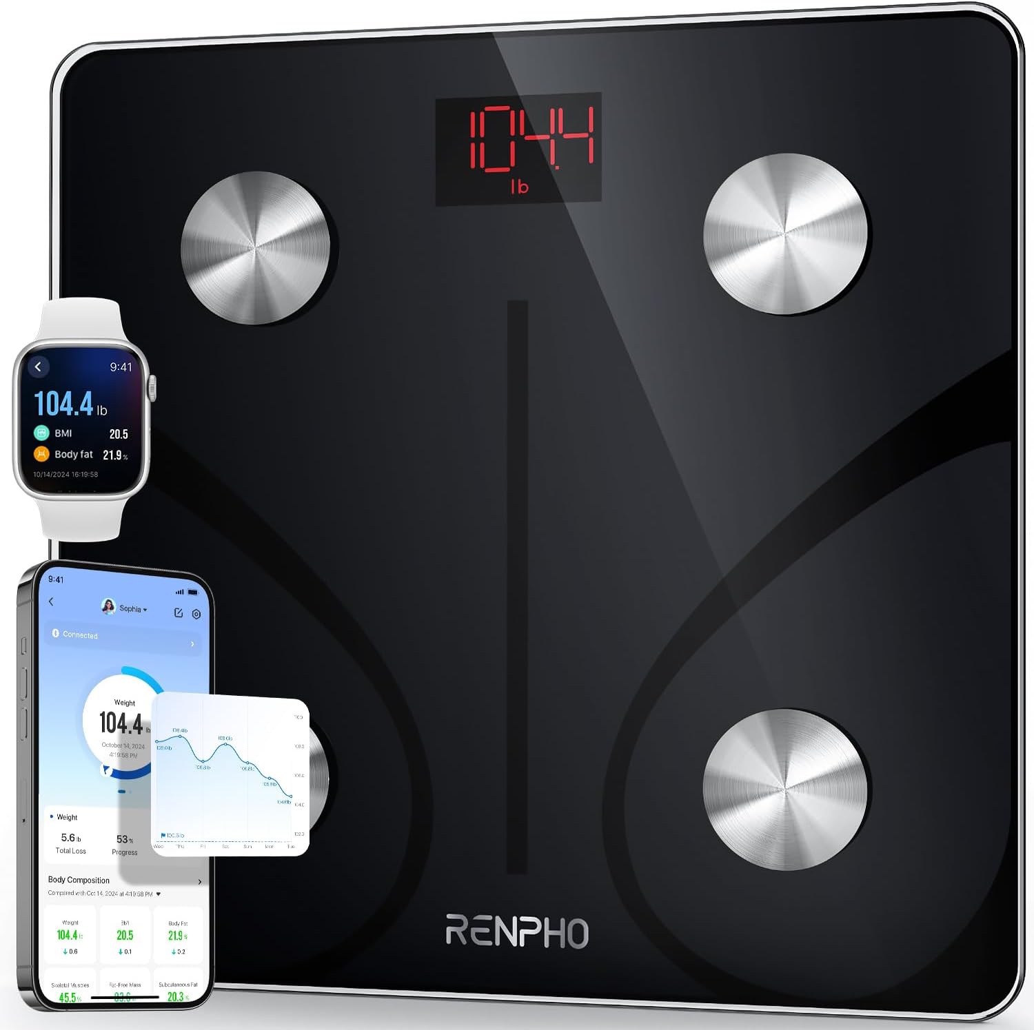 Black Fitlybuy Elis 1 smart scale with 4 sensors, showing weight on a phone app and smartwatch.