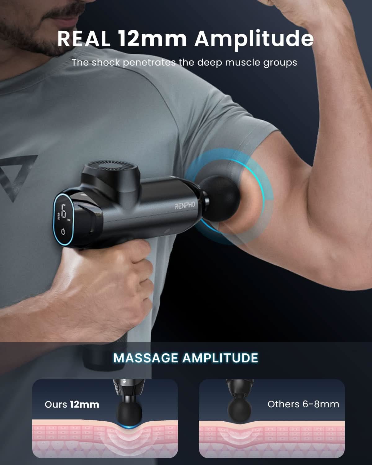 Black Fitlybuy Thermacool massage gun showing 12mm depth on a man's bicep with a digital display and heat therapy tech.