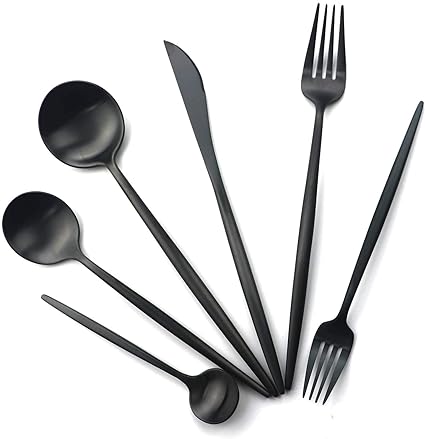 Fitlybuy Torin 36-piece stainless steel cutlery set with a minimalist design and elegant matte black finish.