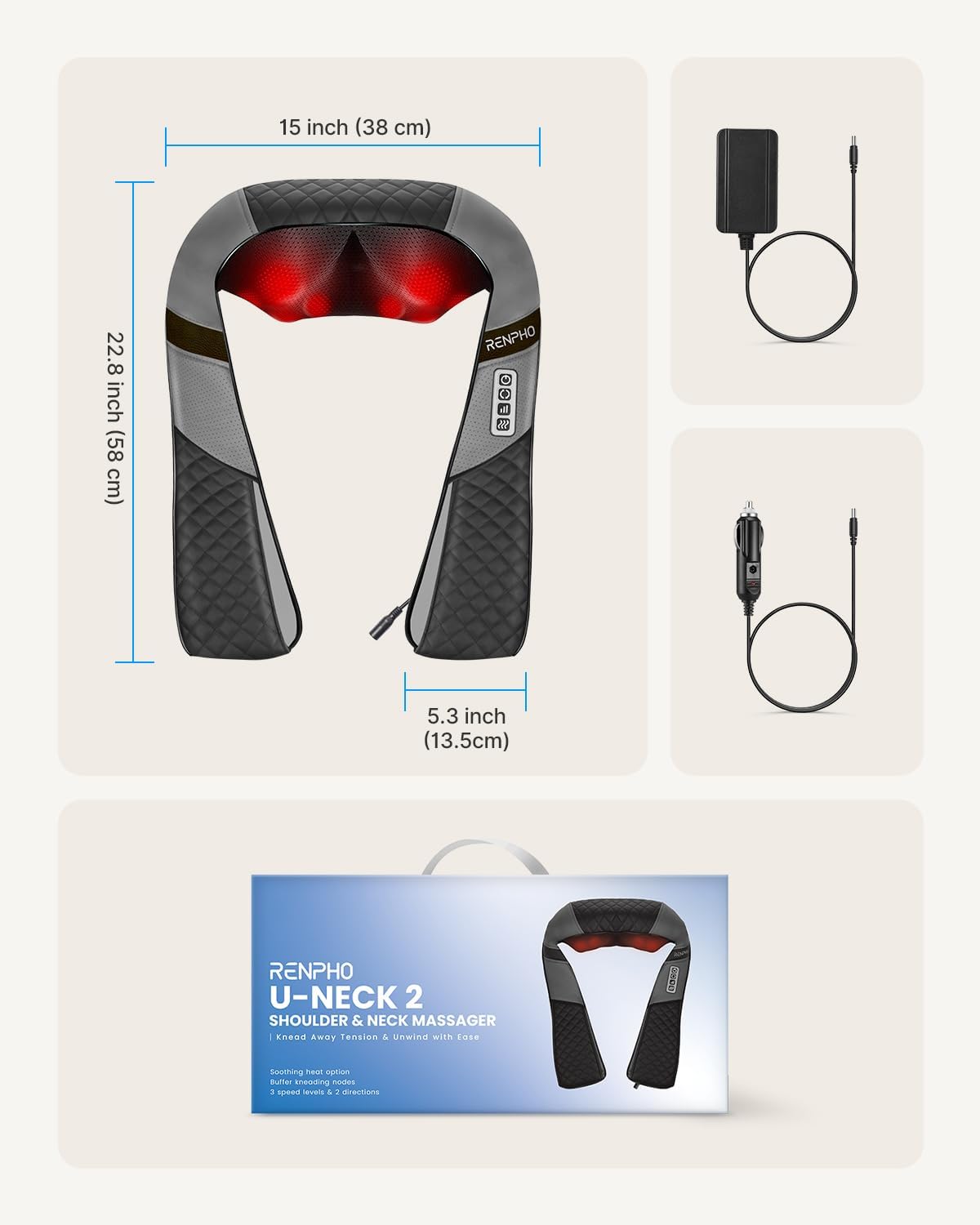 Black Fitlybuy U-Neck 2 massager with heat, adapters, and packaging, showing dimensions and controls.