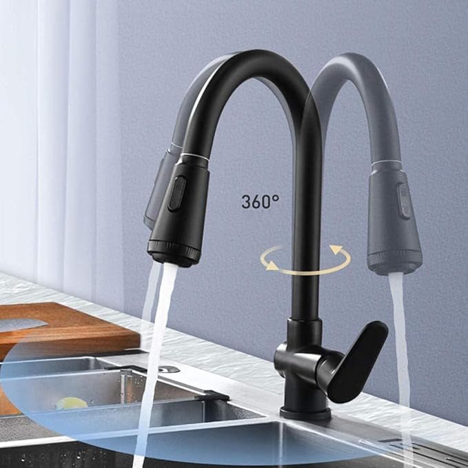Fitlybuy Velvra matte black pull-out kitchen tap with single lever, dual spray mode, and 360° swivel spout at a sink.