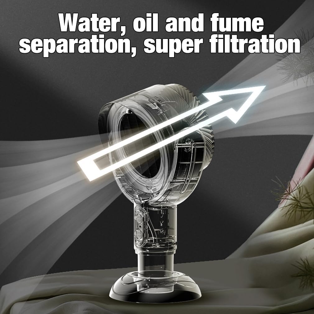 Fitlybuy portable rechargeable range hood with transparent housing, air filtration system, and directional airflow arrow.