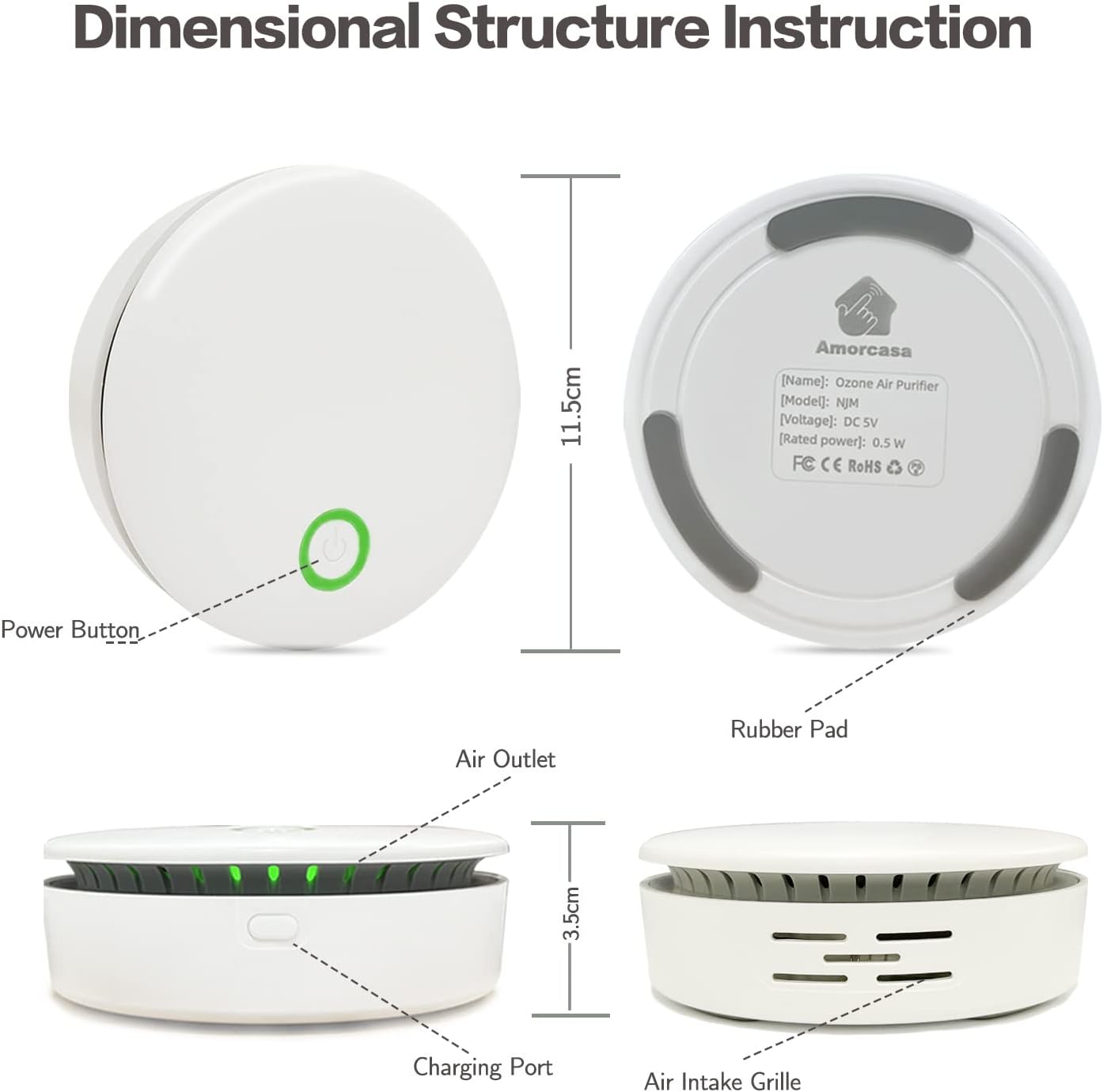 White circular Fitlybuy ozone air purifier showing dimensions, power button, charging port, and air intake grille.
