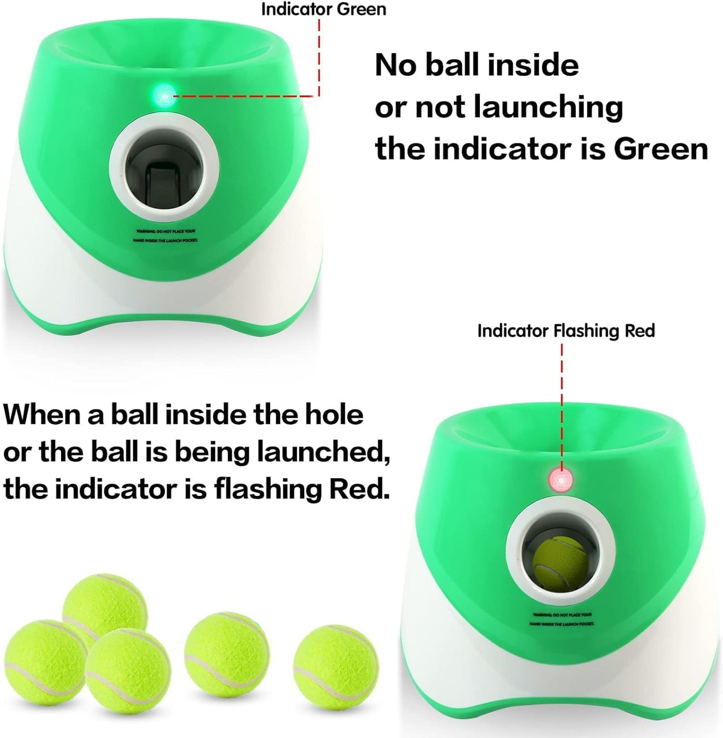 Fitlybuy automatic green and white dog ball launcher showing green light status and red flashing light with tennis balls.