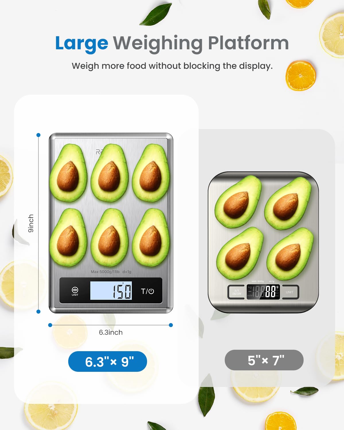 Fitlybuy Calibra 1 digital food scale in stainless steel, comparing its 6.3"x9" large platform against a smaller scale.