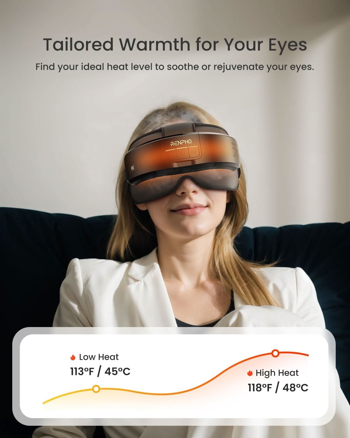 Woman wearing a black RENPHO heated eye massager with adjustable heat settings shown on an overlay graphic.