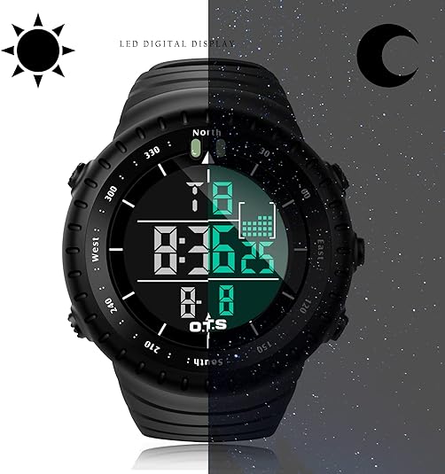Fitlybuy Henry black tactical digital sports watch with LED backlit display shown in day and night modes.