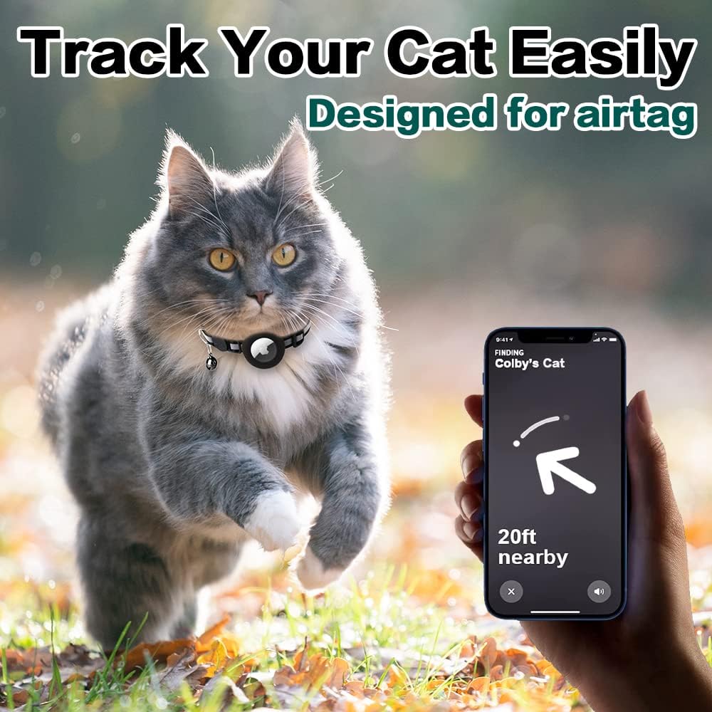 Cat wearing black reflective AirTag collar, tracked by a phone app showing direction and distance.
