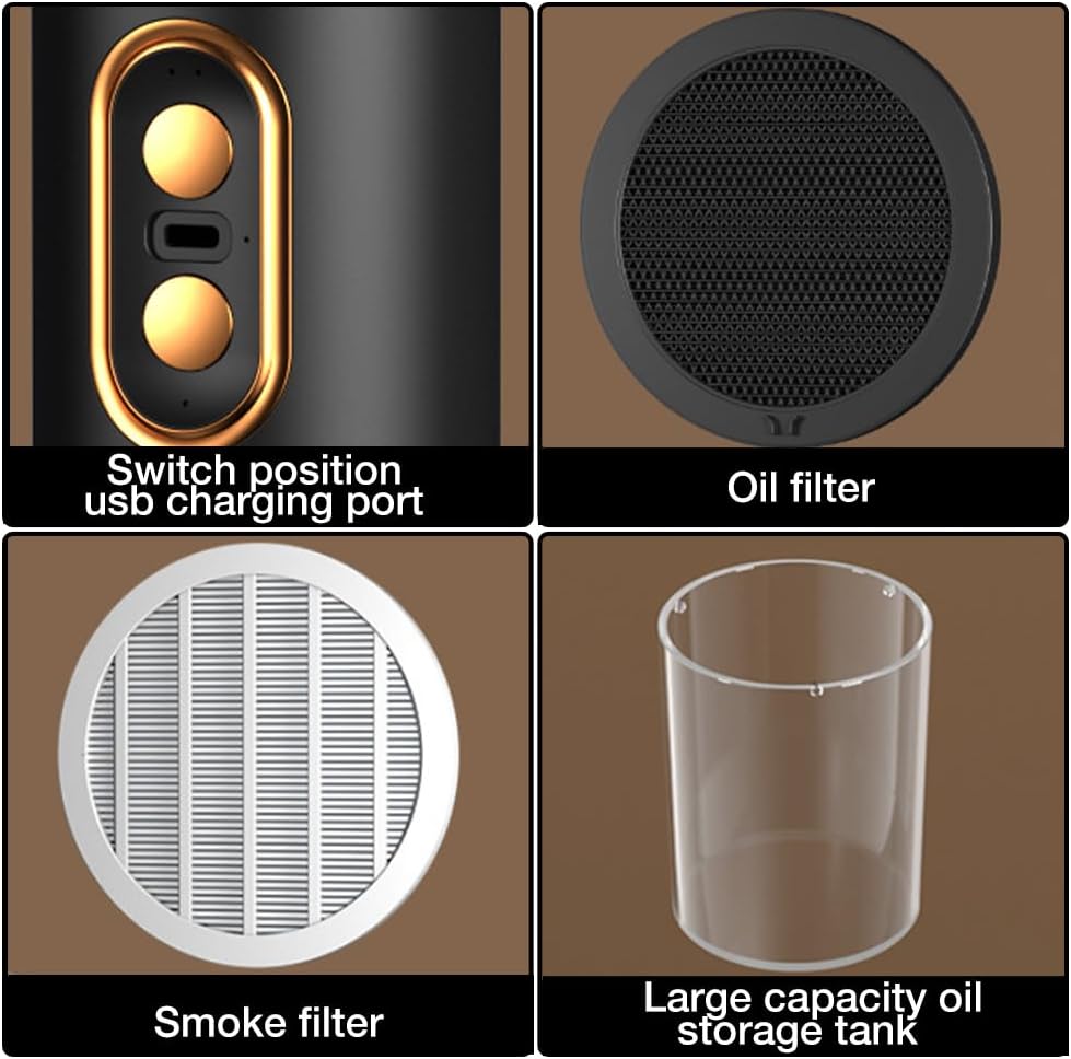 Fitlybuy portable range hood features: USB charging, oil filter, smoke filter, and large capacity oil storage tank.