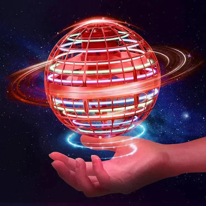 Fitlybuy red, spherical boomerang hover ball with LED lights, floating above an open hand against a galaxy background.