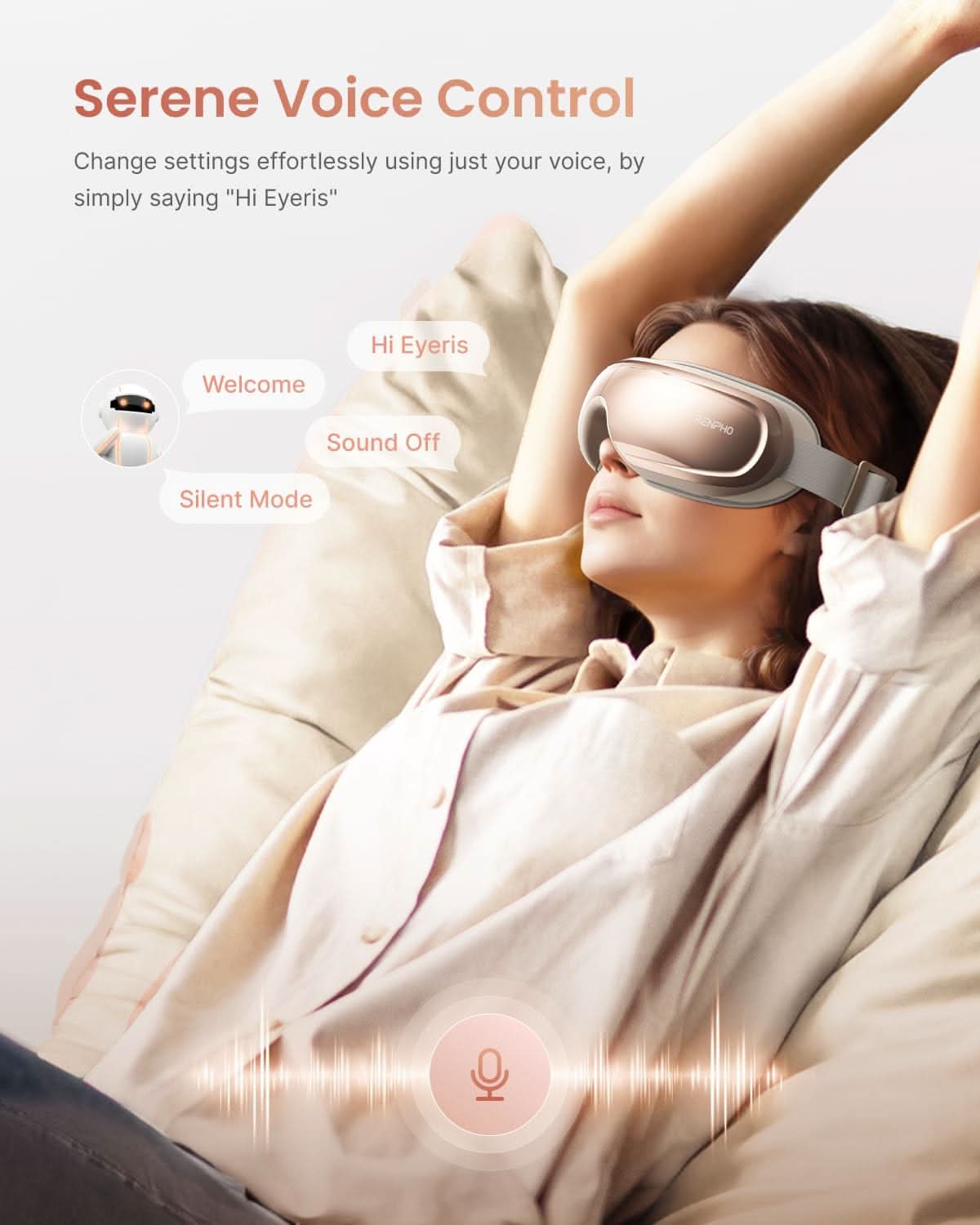 Woman relaxes in bed wearing the rose-colored Fitlybuy Eyeris 3 heated eye massager with voice control features.