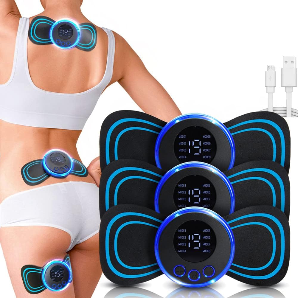 Fitlybuy EMS pulse massager with black/blue butterfly pads on body and white USB charging cable.