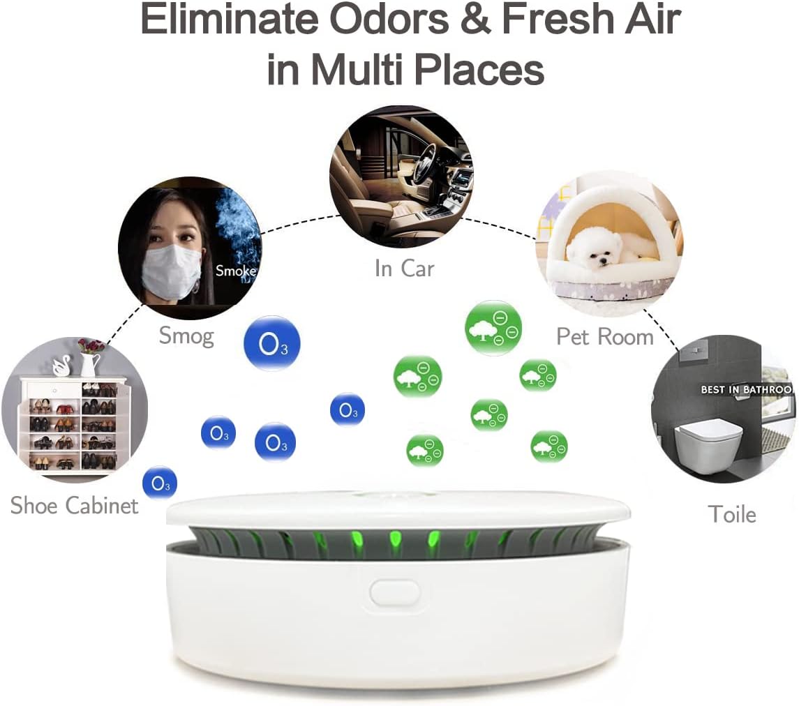 Fitlybuy FreshAir white portable ozone air purifier showing uses for cars, pet areas, smoke, and household odors.