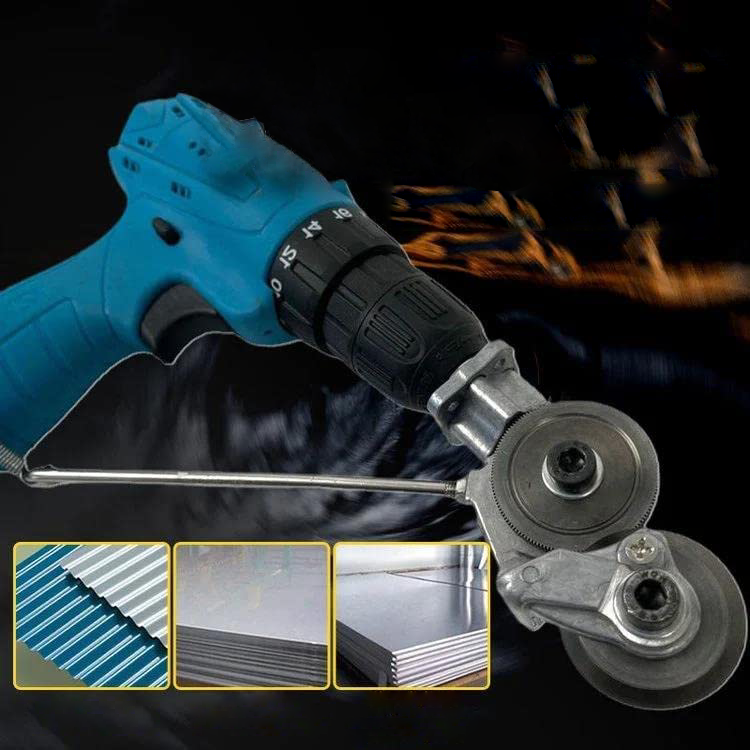 Blue electric drill with FastCut metal plate cutter attachment. Includes insets showing corrugated and flat sheet metal.