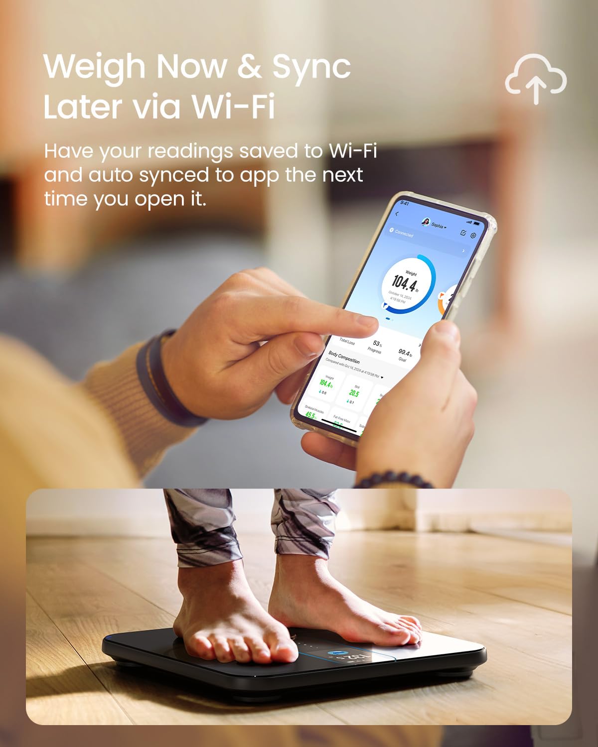 Fitlybuy Elis Nova black smart scale showing body composition stats on a smartphone app via Wi-Fi sync.