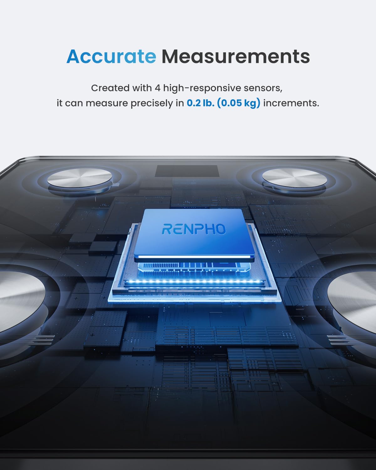 Fitlybuy Elis 1 smart scale with 4 sensors, showing precision tech and Renpho branding on a sleek dark surface.