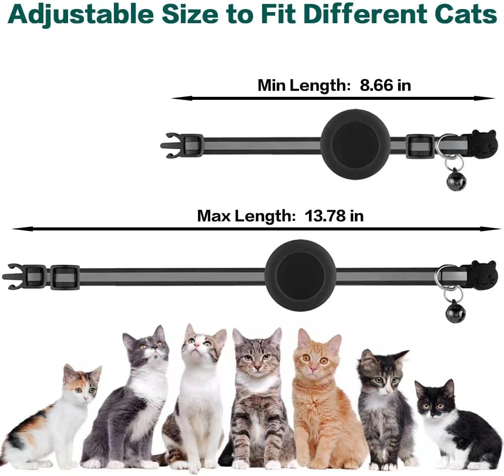 Black reflective Fitlybuy cat collar with AirTag holder, safety release, and bell. Adjustable from 8.66 to 13.78 inches.
