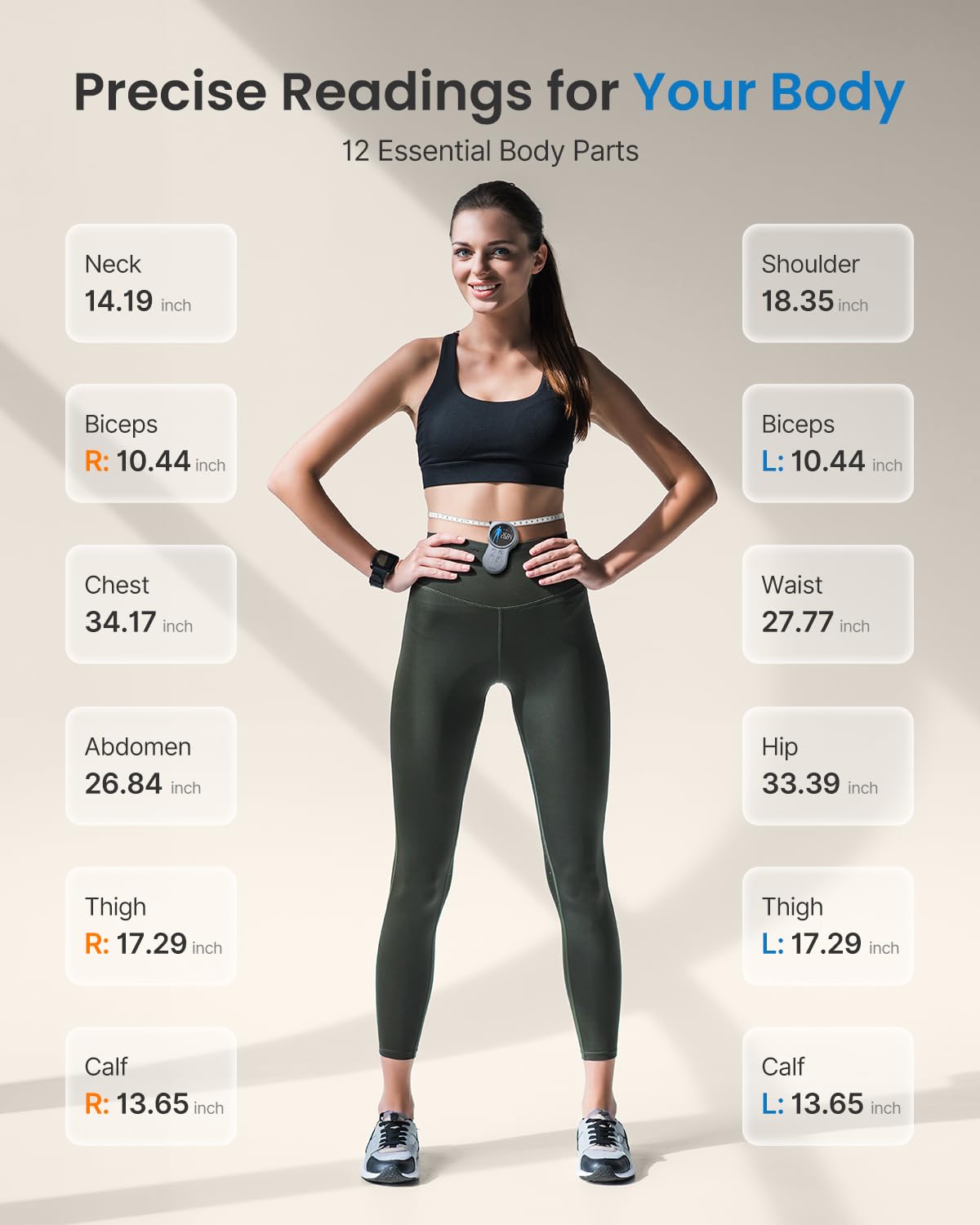 Fitlybuy Smart Tape Measure+ with digital display, shown tracking body measurements on an athletic woman.