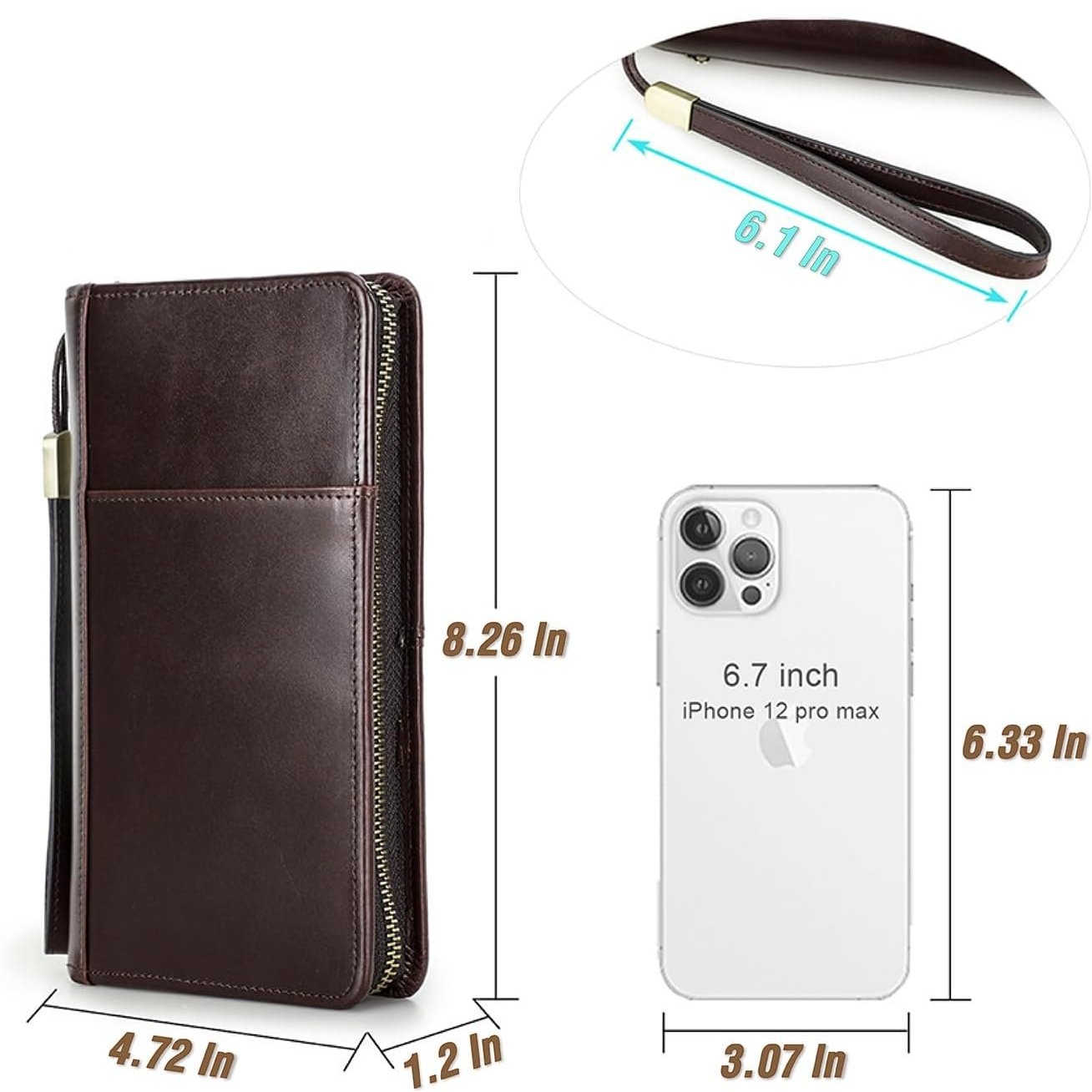 Brown leather Fitlybuy RFID passport holder with wrist strap, shown with dimension labels and an iPhone 12 Pro Max.