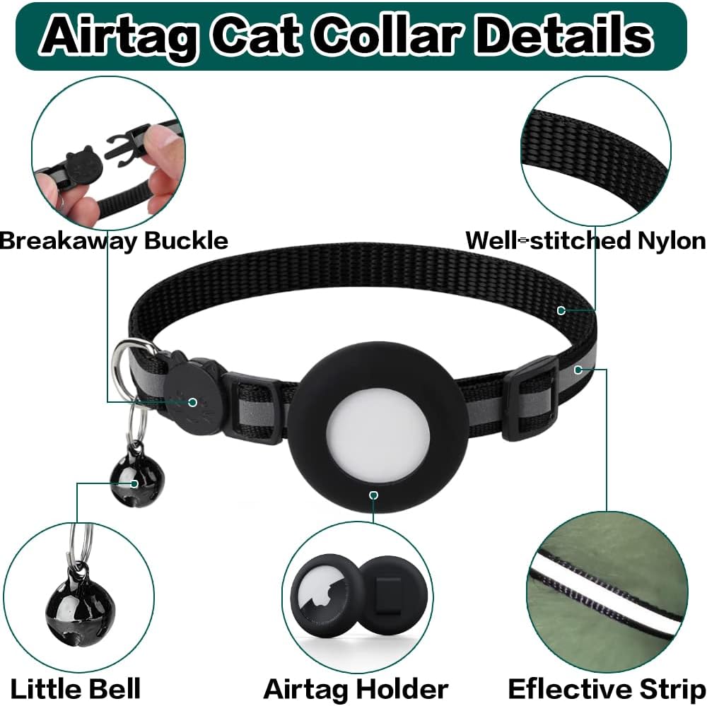 Black Fitlybuy Milo cat collar featuring an AirTag holder, breakaway buckle, reflective strip, and a jingling bell.