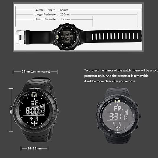 Fitlybuy Henry black tactical digital watch with LED display and dimensions. Shockproof design for men.