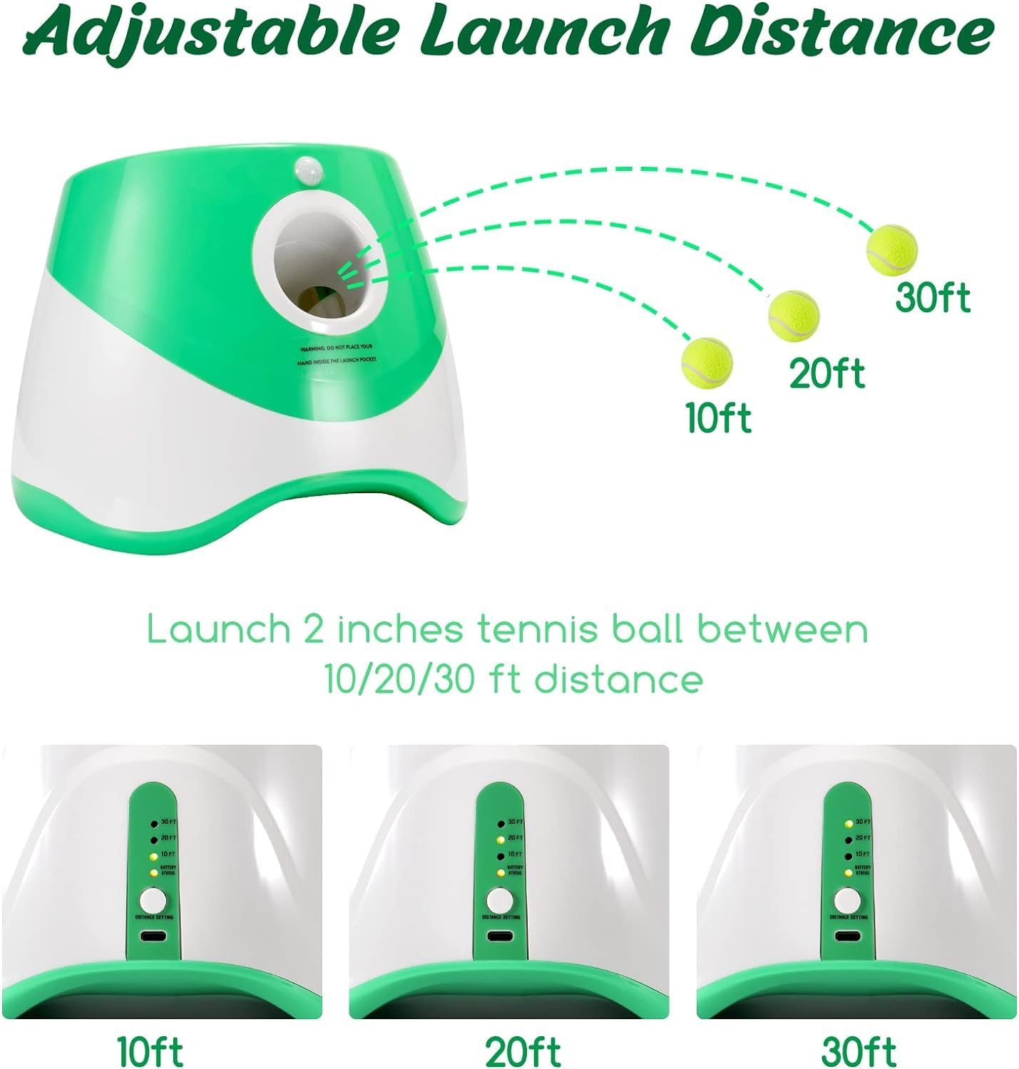 Green and white Fitlybuy automatic dog ball launcher shows 10, 20, and 30ft adjustable distance settings for fetch.