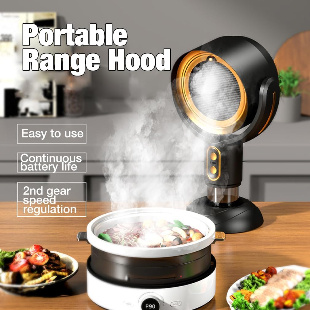 Fitlybuy portable black and gold rechargeable range hood venting steam from a cooking pot on a kitchen table.