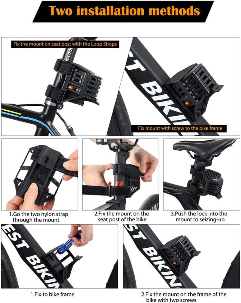 Fitlybuy heavy-duty foldable black bike lock showing two installation methods: strap-on mount or screw-in bike frame mount.