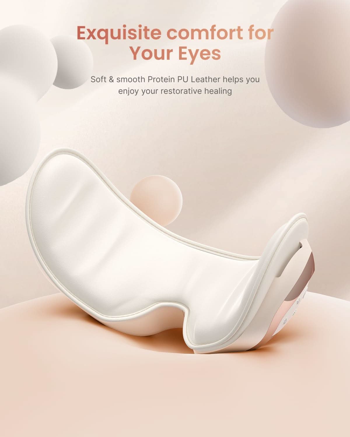 Fitlybuy Eyeris 3 Rosé eye massager in white leather with heat and vibration on a soft, aesthetic background.