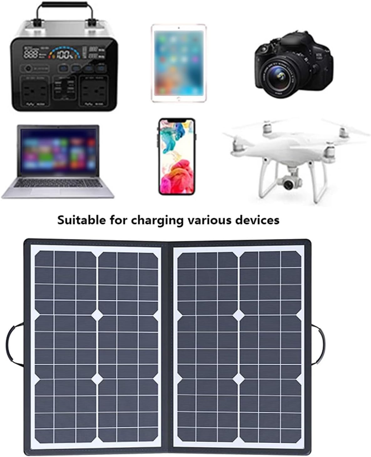 Fitlybuy SolaraX 1000W foldable black solar panel kit and power station, shown charging laptop, drone, phone, and camera.