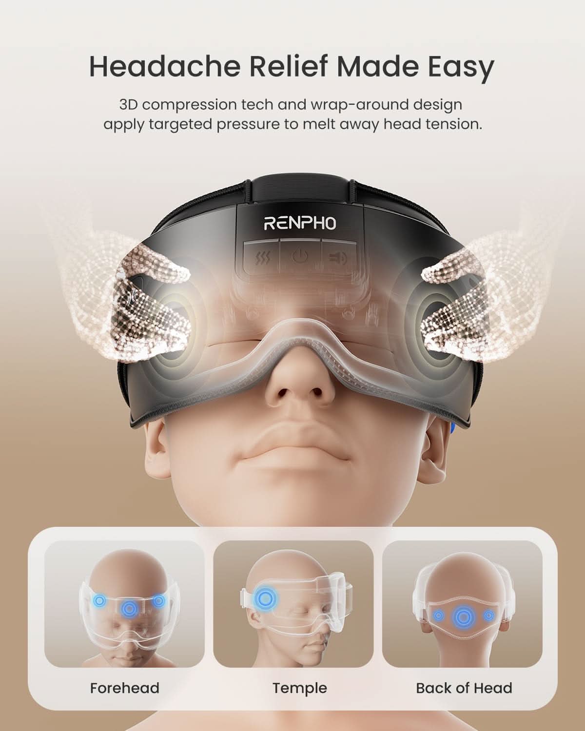 Black Renpho Eyeris head massager on a person, showing 3D compression zones on the forehead, temples, and back of head.